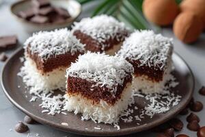 ai gegenereerd lamingtons, spons taart met chocola en kokosnoot. foto