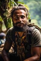 ai gegenereerd portret van een vrolijk gebaard reiziger met een rugzak tegen de achtergrond van natuur. Guinea foto