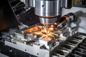 ai gegenereerd laser snijdend van metaal Aan cnc machines, modern industrieel technologie voor fabricage industrieel onderdelen. modern metaalbewerking foto