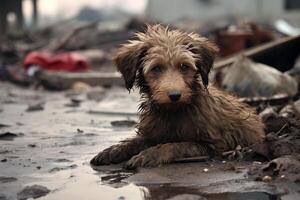 ai gegenereerd alleen en hongerig huiselijk puppy na ramp Aan de achtergrond van huis puin, neurale netwerk gegenereerd beeld foto