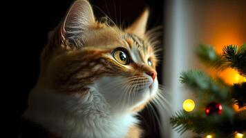 ai gegenereerd schattig gember katje op zoek Bij Kerstmis boom, neurale netwerk gegenereerd kunst foto