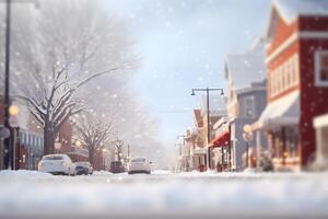 ai gegenereerd klein Amerikaans stad- straat Bij besneeuwd winter dag, neurale netwerk gegenereerd beeld foto