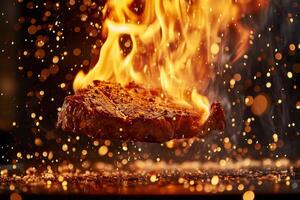 ai gegenereerd een hartelijk steak Aan vuur, sissend Aan een heet rooster foto