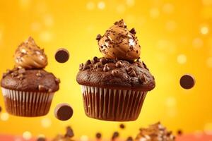 ai gegenereerd vliegend chocola muffins, of cupcakes Aan geel achtergrond, neurale netwerk gegenereerd fotorealistisch beeld foto