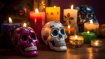 ai gegenereerd overladen schedels met kaarsen en bloemen voor dia de los Muertos of dag van de dood viering, neurale netwerk gegenereerd beeld foto
