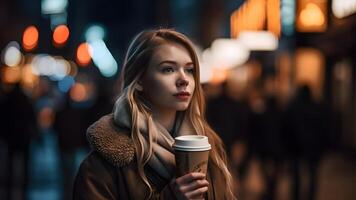 ai gegenereerd jong mooi blond femine vrouw Bij nacht stad straat Holding karton kop van koffie, neurale netwerk gegenereerd afbeelding foto