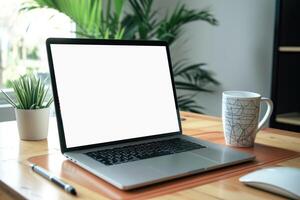 ai gegenereerd laptop Bij een bureau in een kamer met een blanco scherm voor tekst foto