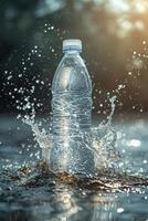 ai gegenereerd transparant plastic mineraal water fles voor uw advertentie met water spatten en druppels. foto
