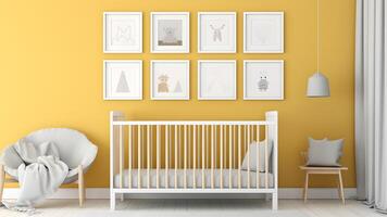 ai gegenereerd helder wit minimalistische kinderkamer muur met kaders bovenstaand wieg, neurale netwerk gegenereerd beeld foto