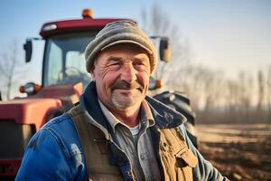 ai gegenereerd boer in de midden- van zijn ploegen veld- in lente, in de vroeg ochtend. neurale netwerk gegenereerd fotorealistisch beeld foto