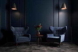 ai gegenereerd modern donker huis interieur in donker marine blauw kleuren met twee leeg fauteuils, neurale netwerk gegenereerd fotorealistisch beeld foto