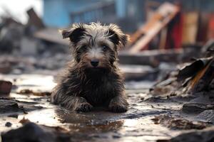 ai gegenereerd alleen en hongerig huiselijk puppy na ramp Aan de achtergrond van huis puin, neurale netwerk gegenereerd beeld foto