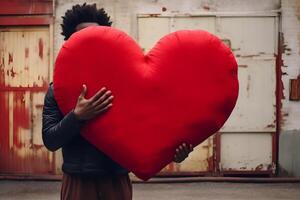ai gegenereerd Afrikaanse Amerikaans Mens Holding groot rood hart buitenshuis Bij dag tijd, neurale netwerk gegenereerd fotorealistisch beeld foto