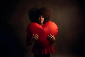 ai gegenereerd Afrikaanse Amerikaans vrouw Holding groot rood hart Aan donker bruin achtergrond, neurale netwerk gegenereerd fotorealistisch beeld foto