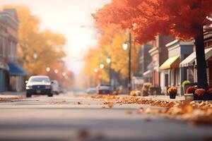 ai gegenereerd Amerikaans stad- straat visie Bij zonnig herfst ochtend- , neurale netwerk gegenereerd beeld foto