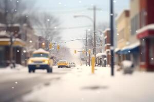 ai gegenereerd klein Amerikaans stad- straat Bij besneeuwd winter dag, neurale netwerk gegenereerd beeld foto