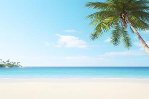 ai gegenereerd tropisch strand visie Bij zonnig dag met wit zand, turkoois water en palm boom, neurale netwerk gegenereerd beeld foto