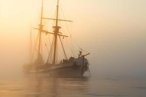 ai gegenereerd spectraal geest schip Bij mistig ochtend- of avond. neurale netwerk gegenereerd beeld foto