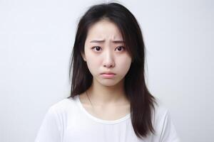 ai gegenereerd verdrietig huilen Aziatisch jong volwassen vrouw portret Aan wit achtergrond. neurale netwerk gegenereerd fotorealistisch beeld foto