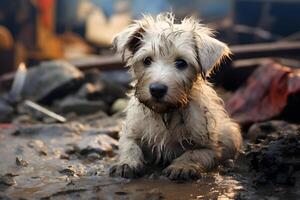 ai gegenereerd alleen en hongerig huiselijk puppy na ramp Aan de achtergrond van huis puin, neurale netwerk gegenereerd beeld foto