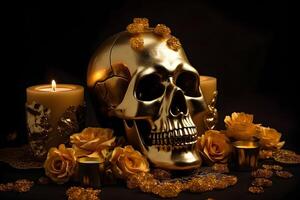 ai gegenereerd gouden wrikken met geel bloemen Aan donker achtergrond voor dia de los Muertos of dag van de dood viering, neurale netwerk gegenereerd beeld foto