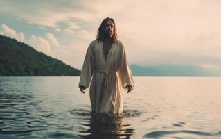 ai gegenereerd Jezus Christus wandelingen Aan water. generatief ai. foto