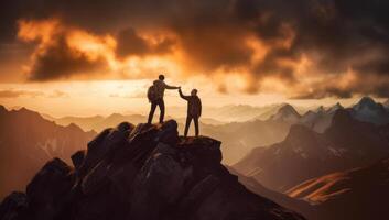 ai gegenereerd twee mensen helpen elk andere Aan een berg top. ai generatief foto