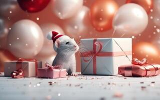 ai gegenereerd aanbiddelijk muis met geschenk dozen. schattig Rat met ballon. nieuw jaar viering. ai generatief foto