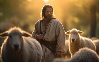 ai gegenereerd een Bijbel Jezus herder met zijn kudde van schapen gedurende zonsondergang. generatief ai foto