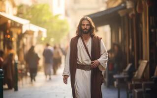 ai gegenereerd Jezus wandelen Aan straat. generatief ai foto