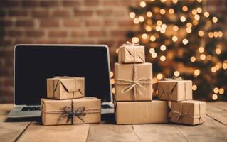 ai gegenereerd boodschappen doen kar en cadeaus Aan Kerstmis achtergrond, uitverkoop banier, zwart vrijdag uitverkoop, cyber maandag uitverkoop, generatief ai foto