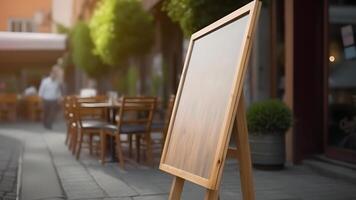 ai gegenereerd blanco restaurant winkel teken of menu bord in de buurt de Ingang van straat cafe, neurale netwerk gegenereerd beeld foto