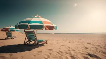 ai gegenereerd strand paraplu's met stoelen Aan de zand strand - zomer vakantie thema kop, neurale netwerk gegenereerd kunst foto