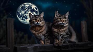 ai gegenereerd paar van aanbiddelijk katten zittend Aan hek in voorkant van vol maan nacht lucht, neurale netwerk gegenereerd beeld foto