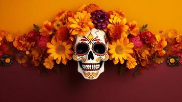 ai gegenereerd dia de los Muertos of dag van de dood overladen wrikken en geel bloemen Aan bruin achtergrond, neurale netwerk gegenereerd beeld foto