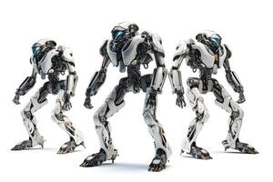 ai gegenereerd groep van drie futuristische high Tech humanoid antropomorf robots Aan wit achtergrond, neurale netwerk gegenereerd beeld foto