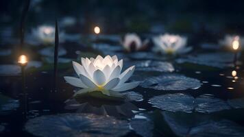 ai gegenereerd zen sfeer - lotus bloem Aan water oppervlakte met bokeh. neurale netwerk gegenereerd beeld foto