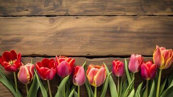 ai gegenereerd vers lente tulp bloemen grens met kopiëren ruimte foto