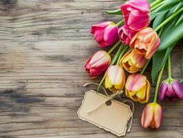 ai gegenereerd blanco label met vers voorjaar tulpen foto