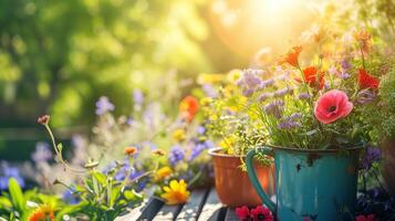 ai gegenereerd tuinieren concept. tuin bloemen en planten Aan een zonnig voorjaar achtergrond foto