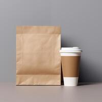 ai gegenereerd papier zak en kop van koffie pakket Product mockup fotografie, ai gegenereerd. sjabloon label. foto