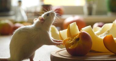 een wit Rat grappig eet een perzik Aan de tafel in de keuken. knaagdier detailopname. foto