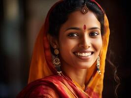 ai gegenereerd mooi Indisch vrouw in Saree glimlachen Bij camera Bij huis foto