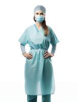 ai gegenereerd portret van jong vrouw dokter in medisch masker en scrubs Aan wit achtergrond foto