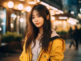 ai gegenereerd portret van jong mooi Aziatisch vrouw in geel regenjas. foto