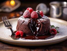 ai gegenereerd chocola soufflé met frambozen en suikerglazuur suiker Aan houten achtergrond foto