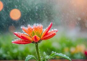 ai gegenereerd een roze bloem omringd door water druppels in een tuin foto