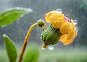 ai gegenereerd kleurrijk cochlospermum regio in de tuin. bloem in de regen foto