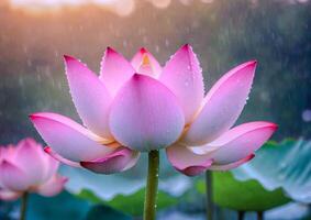 ai gegenereerd roze lotus bloesems in een tuin vijver foto