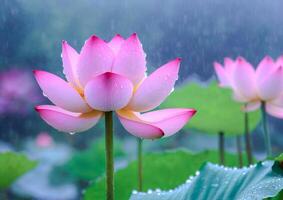 ai gegenereerd roze lotus bloesems in een tuin vijver foto